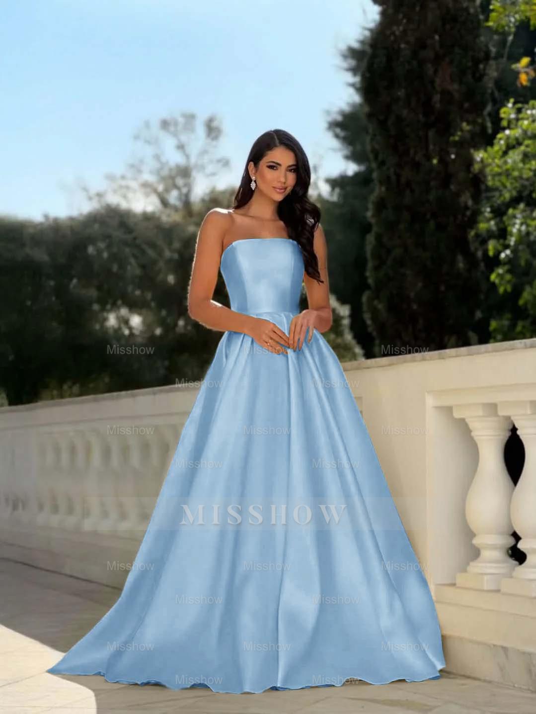 Yellow Strapless Sleeveless A-Line Pleated Satin Floor Length Formal Evening Gown