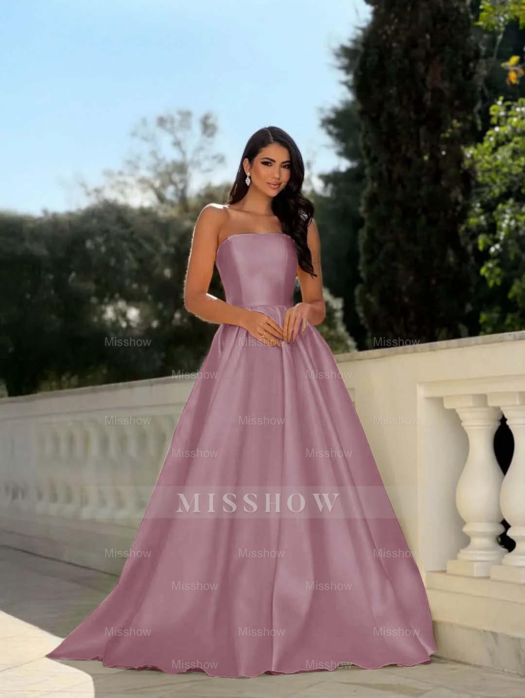 Yellow Strapless Sleeveless A-Line Pleated Satin Floor Length Formal Evening Gown
