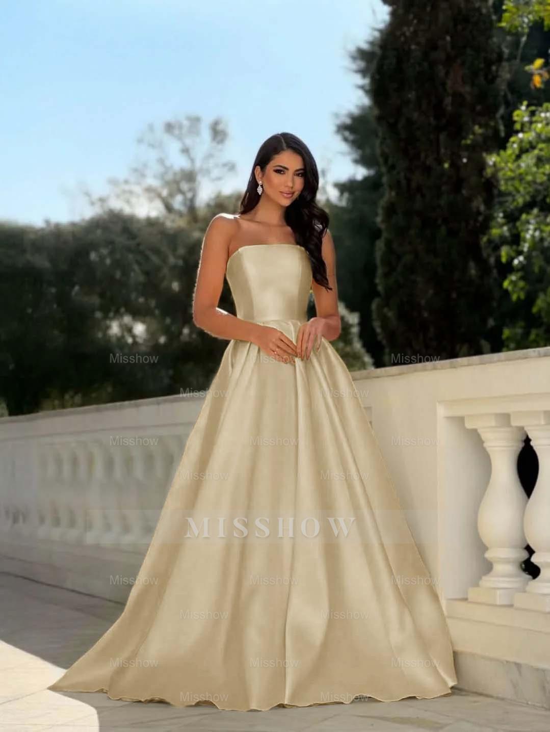 Yellow Strapless Sleeveless A-Line Pleated Satin Floor Length Formal Evening Gown