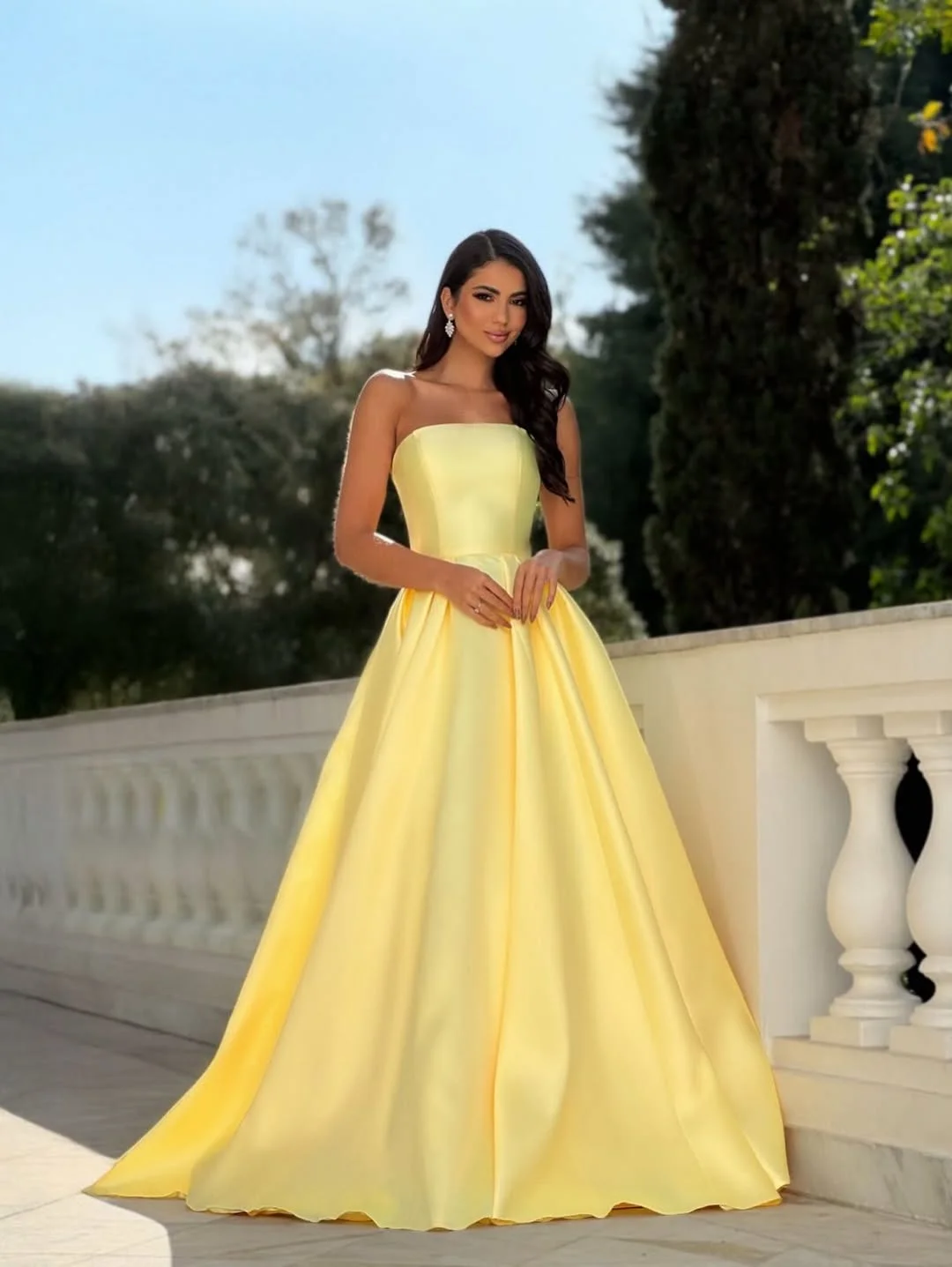 Yellow Strapless Sleeveless A-Line Pleated Satin Floor Length Formal Evening Gown