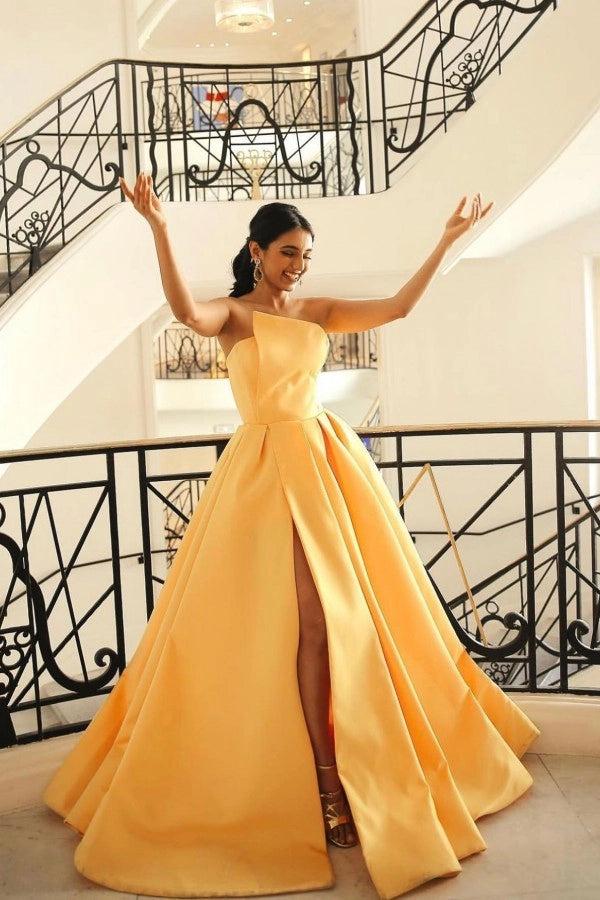 Yellow Strapless Sleeveless Ball Gown Satin Pleated Slit Floor Length Formal Evening Gown