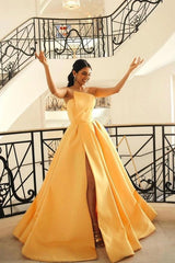 Yellow Strapless Sleeveless Ball Gown Satin Pleated Slit Floor Length Formal Evening Gown