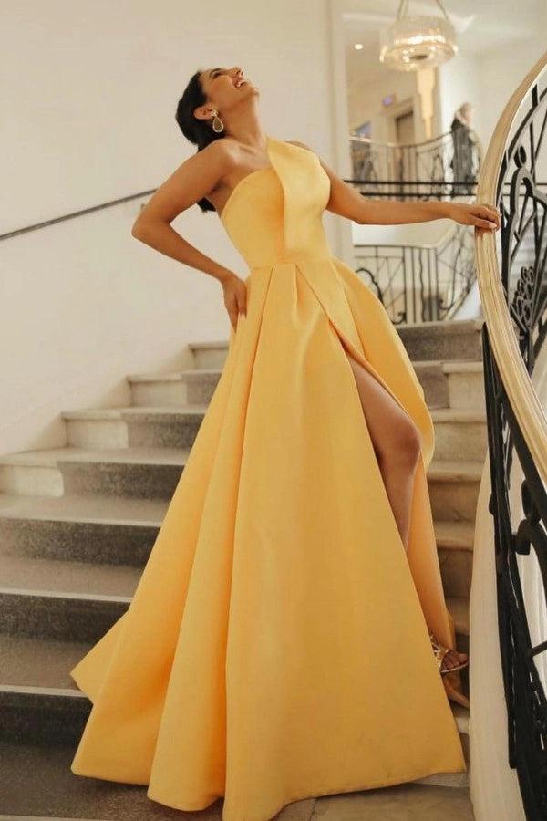 Yellow Strapless Sleeveless Ball Gown Satin Pleated Slit Floor Length Formal Evening Gown