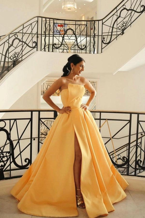 Yellow Strapless Sleeveless Ball Gown Satin Pleated Slit Floor Length Formal Evening Gown