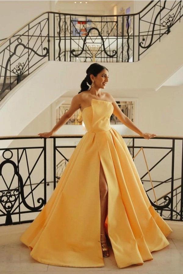 Yellow Strapless Sleeveless Ball Gown Satin Pleated Slit Floor Length Formal Evening Gown