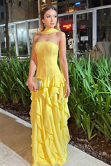 Yellow Strapless Sleeveless Mermaid Chiffon Ruffled Floor Length Formal Evening Gown