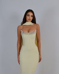 Yellow Strapless Sleeveless Mermaid Satin Rhinestone Open Back Floor Length Evening Gown