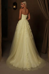 Yellow Strapless Sweetheart A-Line Floral Applique Slit Tulle Floor Formal Evening Gown