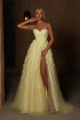 Yellow Strapless Sweetheart A-Line Floral Applique Slit Tulle Floor Formal Evening Gown