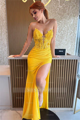 Yellow Strapless Sweetheart Lace Mermaid Appliqued Split Floor Length Formal Evening Gown
