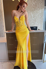 Yellow Strapless Sweetheart Lace Mermaid Appliqued Split Floor Length Formal Evening Gown
