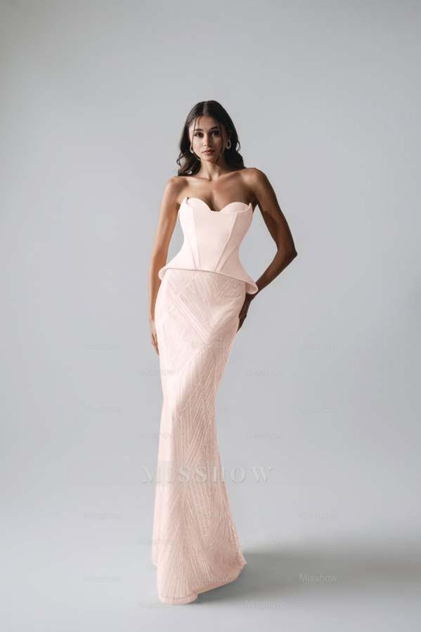 Yellow Strapless Sweetheart Sleeveless Mermaid Satin Peplum Floor Formal Evening Gown
