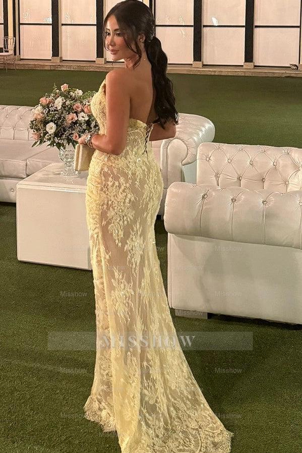 Yellow Sweetheart Sleeveless Lace Appliques Mermaid Slit Floor Length Evening Dress