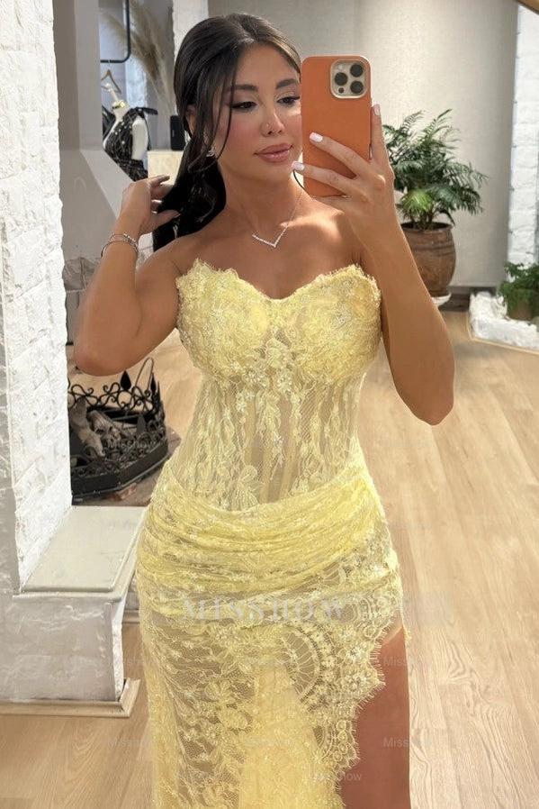 Yellow Sweetheart Sleeveless Lace Appliques Mermaid Slit Floor Length Evening Dress