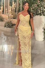Yellow Sweetheart Sleeveless Lace Appliques Mermaid Slit Floor Length Evening Dress