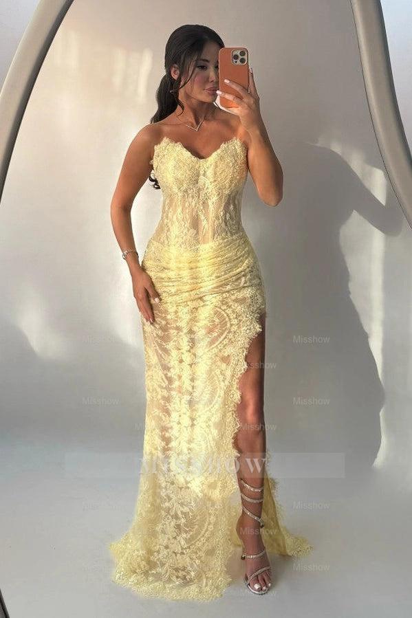 Yellow Sweetheart Sleeveless Lace Appliques Mermaid Slit Floor Length Evening Dress