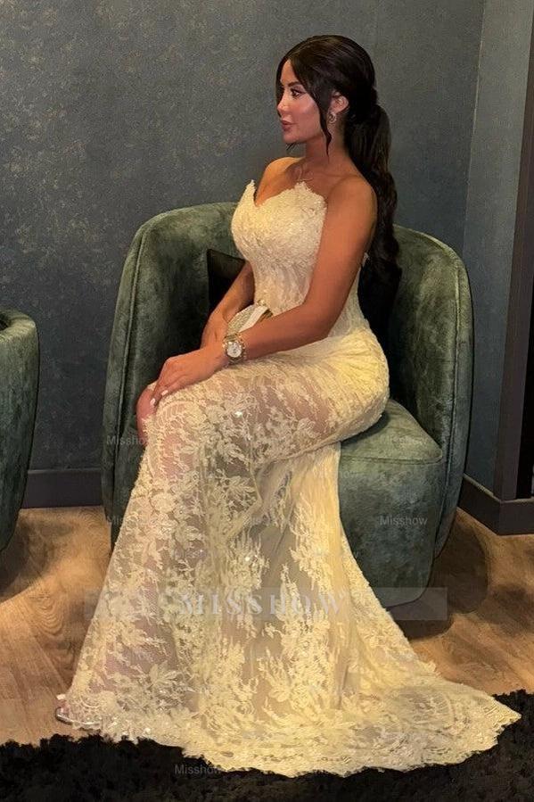 Yellow Sweetheart Sleeveless Lace Appliques Mermaid Slit Floor Length Evening Dress