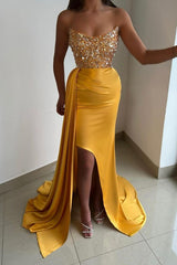 Yellow Sweetheart Sleeveless Mermaid Satin Sequined Pleated Floor Formal Evening Gown