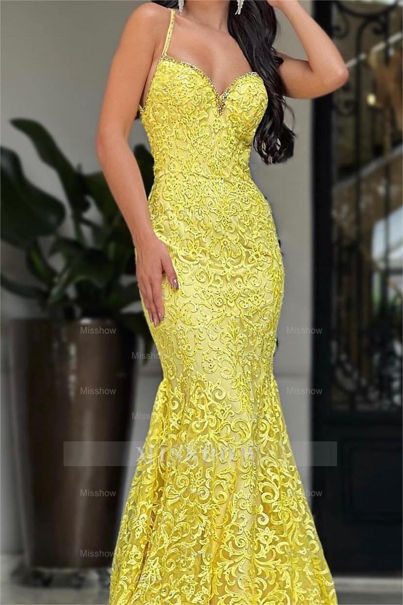 Yellow Sweetheart Spaghetti Straps Mermaid Lace Applique Beaded Floor Formal Evening Gown