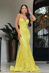 Yellow Sweetheart Spaghetti Straps Mermaid Lace Applique Beaded Floor Formal Evening Gown