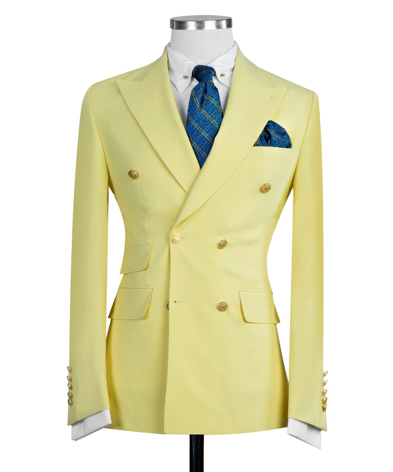 Yellow Trendy Double Breasted Peak Lapel Men’s Suits