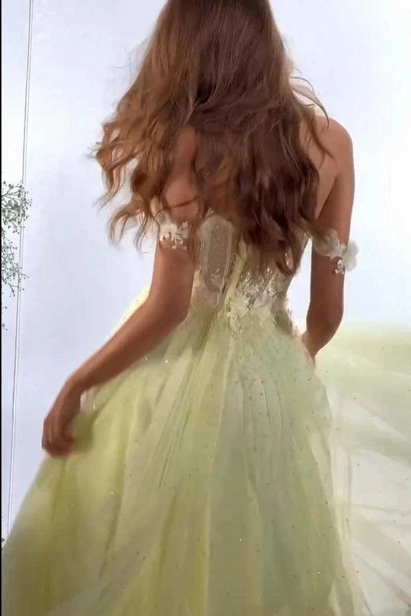 Yellow Tulle A-Line Prom Dress Off Shoulder Sweetheart Lace Corset Bodice High Slit