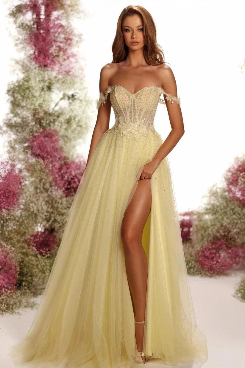 Yellow Tulle A-Line Prom Dress Off Shoulder Sweetheart Lace Corset Bodice High Slit