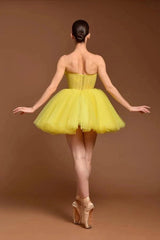 Yellow Tulle Strapless Ballet Tutu Mini Dress Sweetheart Draped Bodice Gold Beaded Waist Pearl Button Lace-Up Back