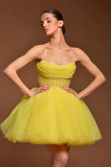 Yellow Tulle Strapless Ballet Tutu Mini Dress Sweetheart Draped Bodice Gold Beaded Waist Pearl Button Lace-Up Back