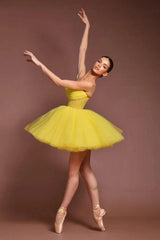 Yellow Tulle Strapless Ballet Tutu Mini Dress Sweetheart Draped Bodice Gold Beaded Waist Pearl Button Lace-Up Back
