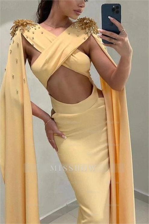 Yellow V-Neck Sleeveless Mermaid Satin Pleated Beaded Floor Length Formal Evening Gown