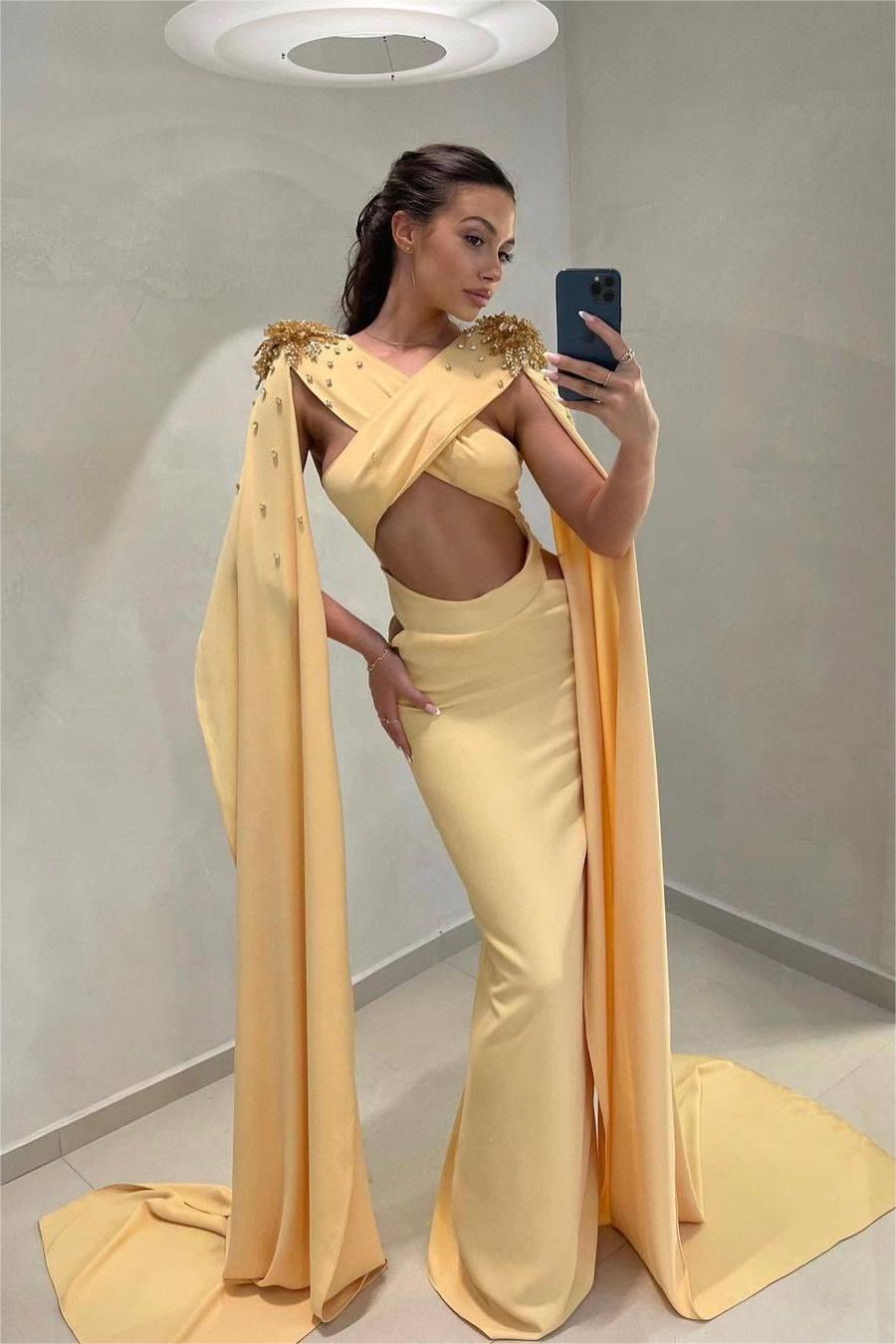 Yellow V-Neck Sleeveless Mermaid Satin Pleated Beaded Floor Length Formal Evening Gown