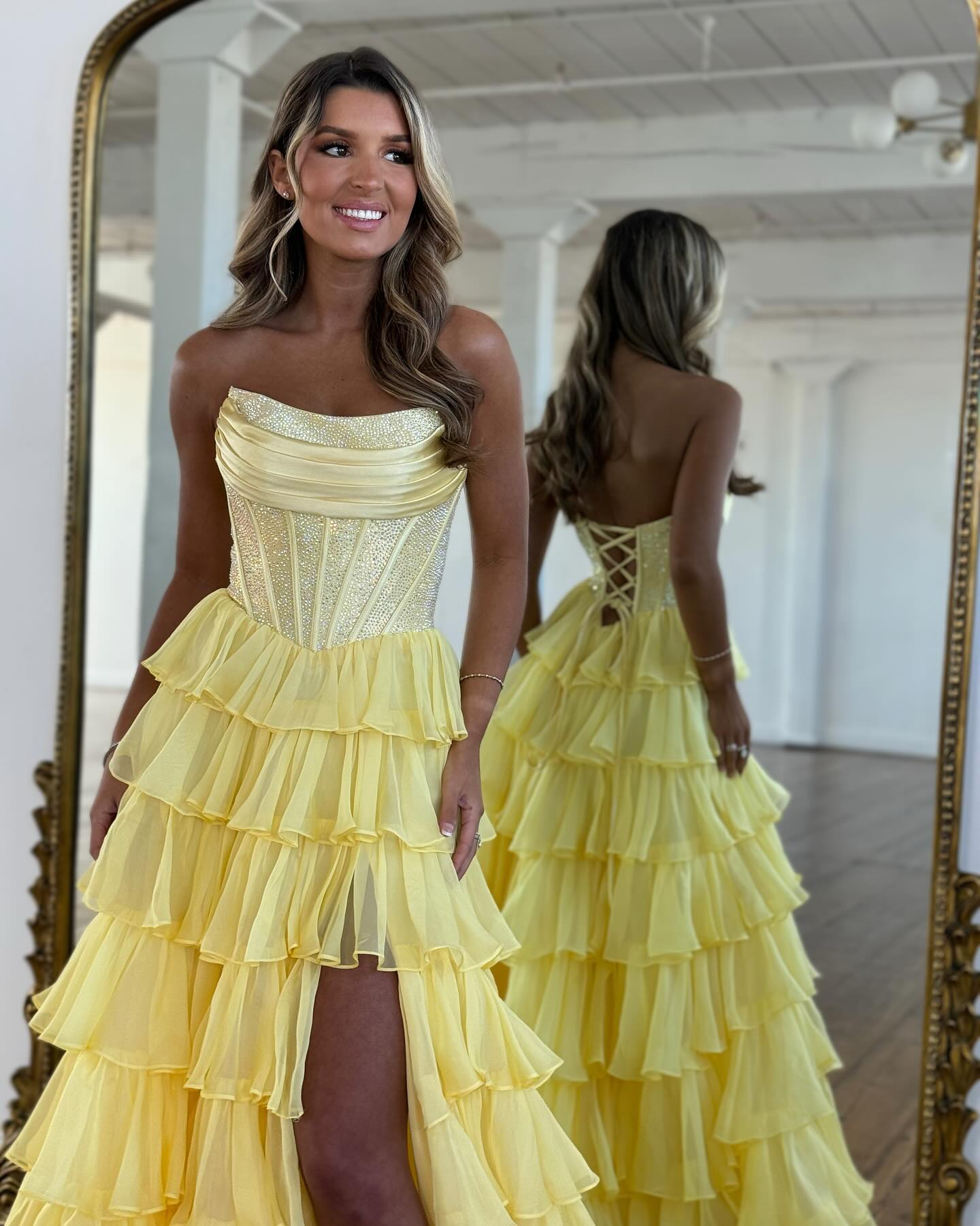 Youthful Yellow A-Line Strapless Sleeveless Floor-Length Prom Dress with Slit
