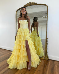 Youthful Yellow A-Line Strapless Sleeveless Floor-Length Prom Dress with Slit