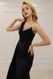 A-line Black One Shoulder Glitter Sleeveless Prom Dress With Slit-misshow.com