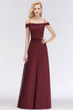 A-line Burgundy Bridesmaid Dress Off-the-shoulder Floor Length Party Dress
