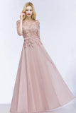 A-line Chiffon Appliques Bridesmaid Dresses Jewel Half-Sleeves Floor-Length Evening Gown with Sash