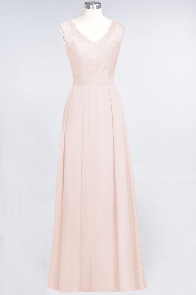 A-Line Chiffon Lace V-Neck Sleeveless Floor-Length Bridesmaid Dresses with Ruffles | MISSHOW A-Line Chiffon Lace V-Neck Sleeveless Floor-Length Bridesmaid Dresses with Ruffles | MISSHOW