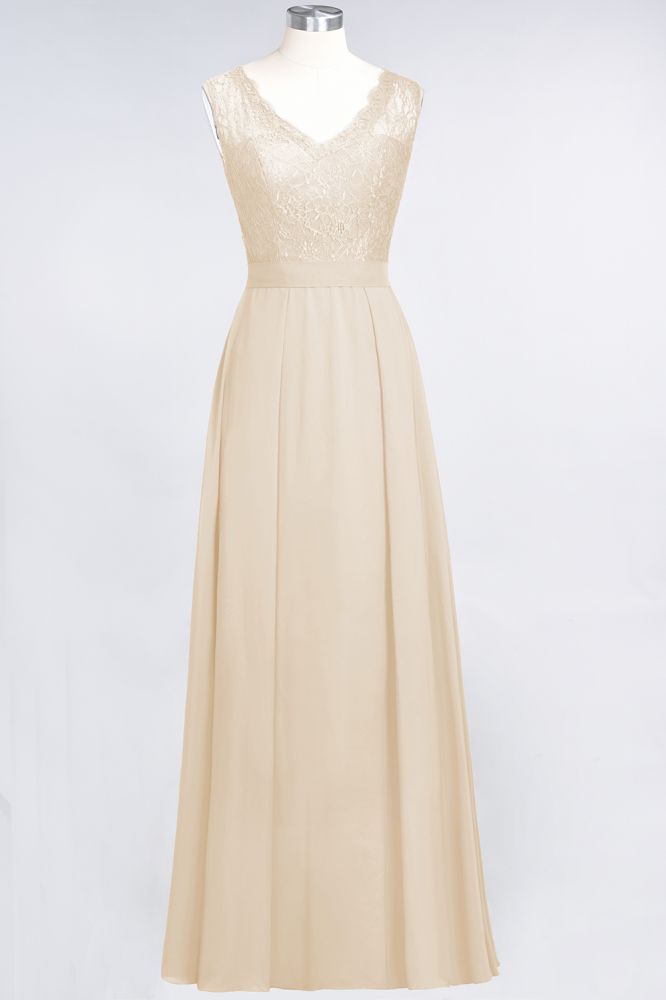 A-Line Chiffon Lace V-Neck Sleeveless Floor-Length Bridesmaid Dresses with Ruffles | MisShow A-Line Chiffon Lace V-Neck Sleeveless Floor-Length Bridesmaid Dresses with Ruffles | MisShow