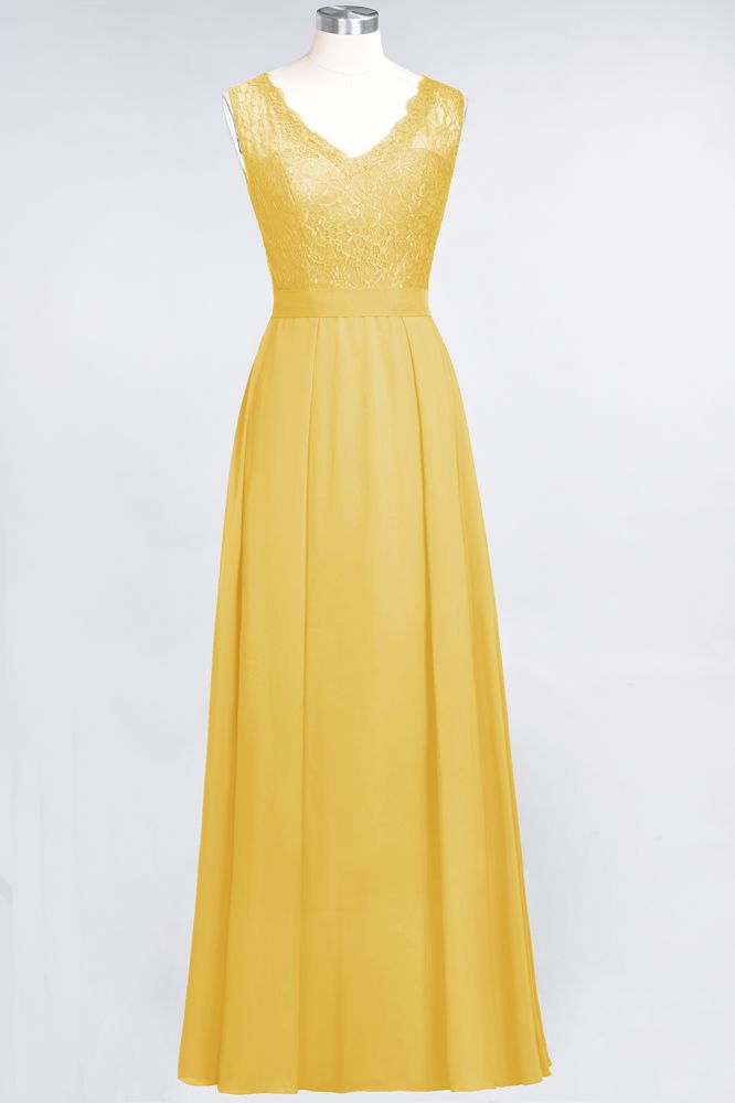 A-Line Chiffon Lace V-Neck Sleeveless Floor-Length Bridesmaid Dresses with Ruffles | MisShow A-Line Chiffon Lace V-Neck Sleeveless Floor-Length Bridesmaid Dresses with Ruffles | MisShow