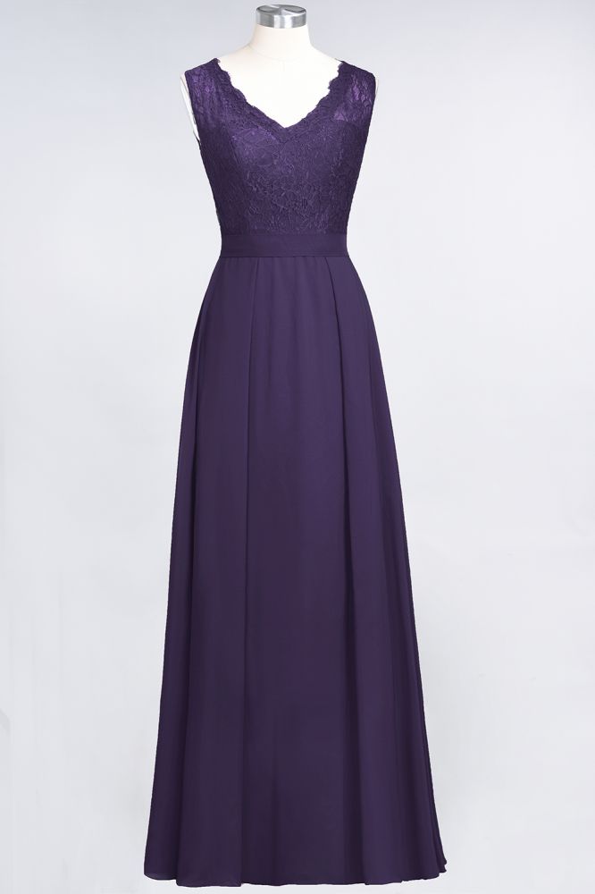 A-Line Chiffon Lace V-Neck Sleeveless Floor-Length Bridesmaid Dresses with Ruffles | MISSHOW A-Line Chiffon Lace V-Neck Sleeveless Floor-Length Bridesmaid Dresses with Ruffles | MISSHOW