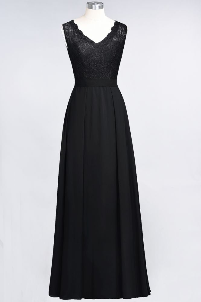 A-Line Chiffon Lace V-Neck Sleeveless Floor-Length Bridesmaid Dresses with Ruffles | MISSHOW A-Line Chiffon Lace V-Neck Sleeveless Floor-Length Bridesmaid Dresses with Ruffles | MISSHOW