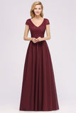 A-line Chiffon Lace V-Neck Sleeveless Floor-Length Bridesmaid Dresses with Ruffles