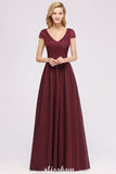 A-line Chiffon Lace V-Neck Sleeveless Floor-Length Bridesmaid Dresses with Ruffles