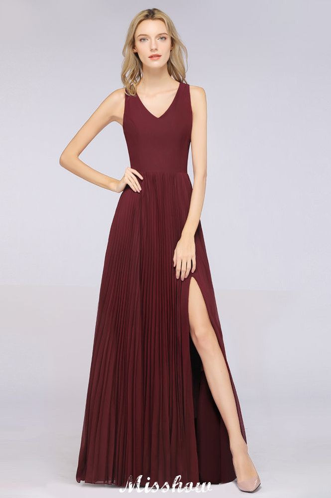 MISSHOW offers A-Line Chiffon V-Neck Sleeveless Bridesmaid Dress Floor-Length Ruffles Side Split Evening Gown at a good price from 100D Chiffon to A-line Floor-length them. Lightweight yet affordable home,beach,swimming useBridesmaid Dresses.