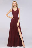 A-Line Chiffon V-Neck Sleeveless Bridesmaid Dress Floor-Length Ruffles Side Split Evening Gown