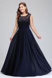 A-Line Crew Long Plus size Sleeveless Dark Navy Formal Dresses with Lace
