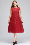 A-Line Crew Tea Length Plus size Sleeveless Tulle Burgundy Cocktail Dresses with Appliques