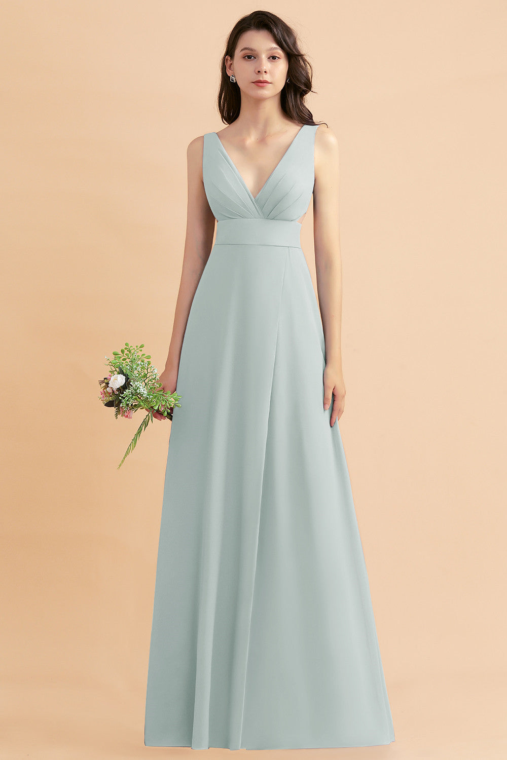 A-Line Dusty Blue Chiffon Ruffles Bridesmaid Dresses with Slit A-Line Dusty Blue Chiffon Ruffles Bridesmaid Dresses with Slit