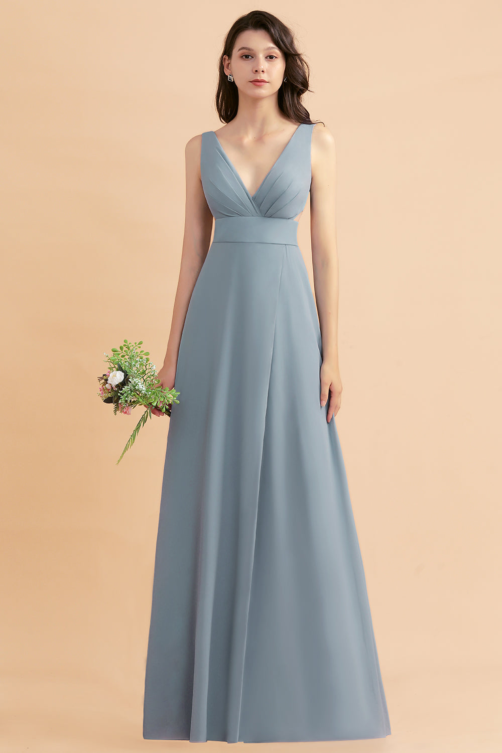 A-Line Dusty Blue Chiffon Ruffles Bridesmaid Dresses with Slit A-Line Dusty Blue Chiffon Ruffles Bridesmaid Dresses with Slit